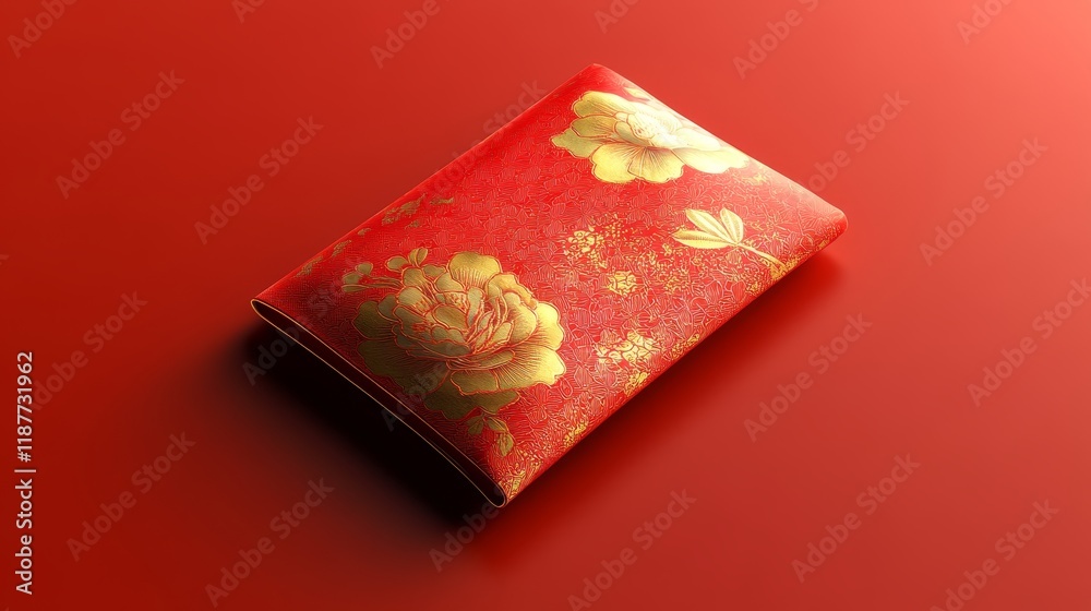 Elegant red and gold envelope with floral design on a vibrant background Elegant red and gold envelope with floral design on a vibrant background