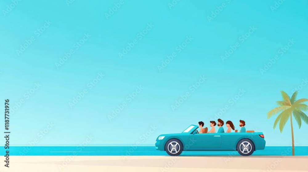 Fototapeta Group of Friends Enjoying a Road Trip in a Convertible Car by the Beach Under a Clear Blue Sky with Palm Trees in the Background
