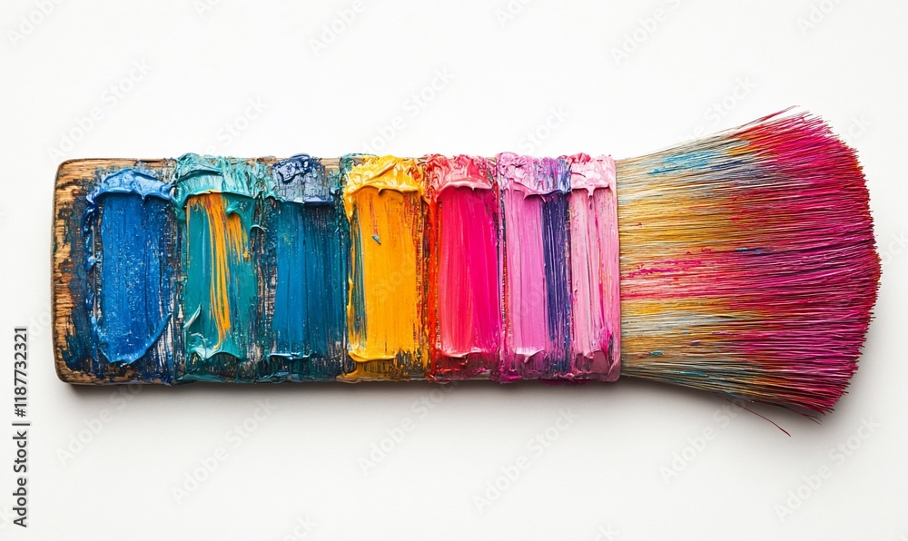 Fototapeta premium Colorful paintbrush, studio shot, art supplies, white background, creative process