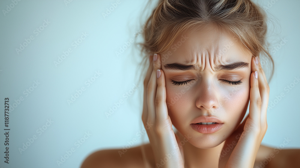 Woman Suffering from Headache or Migraine in plain Background | wellness-related content focusing on stress, tension | medical articles Woman Suffering from Headache or Migraine in plain Background | wellness-related content focusing on stress, tension | medical articles