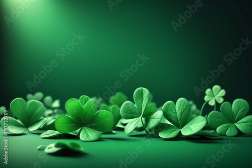 Green clover background with St Patrick's Day theme featuring symbols like leaves and circles in a decorative vector illustration photo