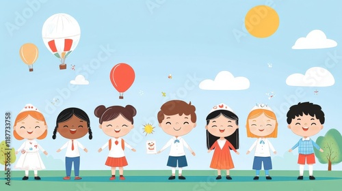 Cheerful Children in Colorful Clothing Holding Hands Under a Bright Sky with Balloons and Sunshine, Promoting Unity, Joy, and Friendship in a Playful Scene