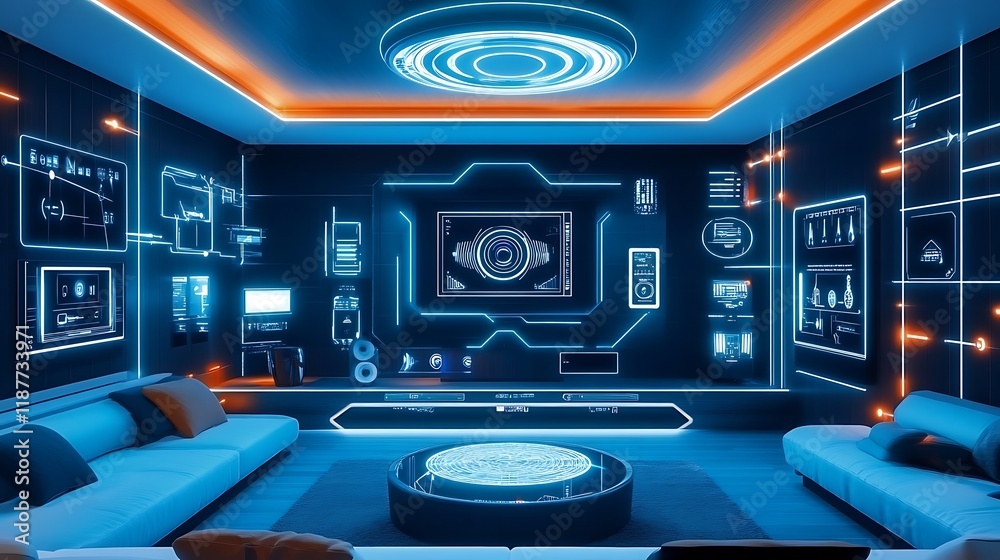 Futuristic AI-driven smart home entertainment setup in a sleek living room, offering intuitive integrated controls for effortlessly managing audio, video, and lighting Futuristic AI-driven smart home entertainment setup in a sleek living room, offering intuitive integrated controls for effortlessly managing audio, video, and lighting