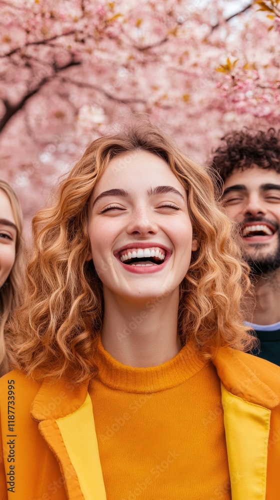 Obraz premium Joyful young adults enjoying a sunny spring day surrounded by beautiful cherry blossoms, smiling brightly against a backdrop of blooming pink flowers in a park setting.