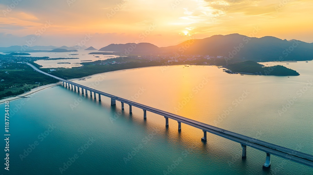 Obraz premium Long bridge spans serene coastal waters at sunset