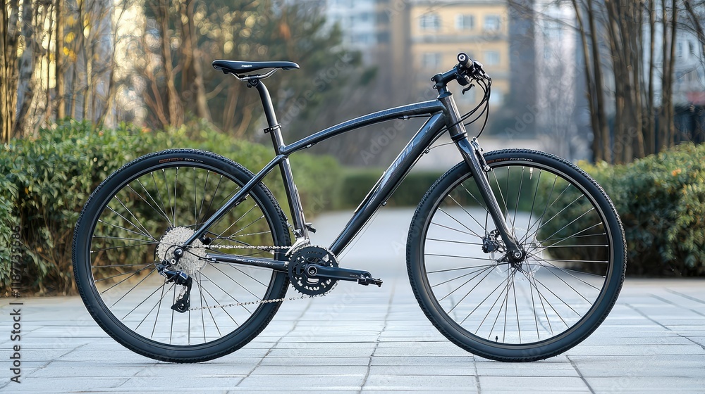 Fototapeta premium Modern Mountain Bike on City Pathway Surrounded by Greenery