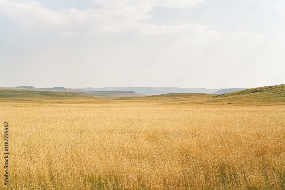 Obraz premium Golden prairie landscape with rolling hills under clear sky