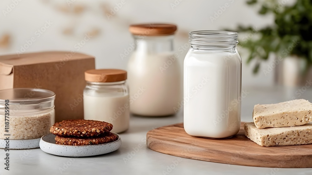 Innovative Display of Plant-Based Alternatives Featuring Milk and Snacks in a Modern Kitchen Setting for Healthy Lifestyle Promotion Innovative Display of Plant-Based Alternatives Featuring Milk and Snacks in a Modern Kitchen Setting for Healthy Lifestyle Promotion