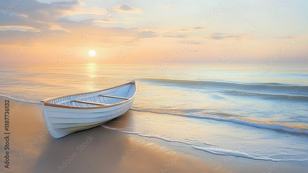 Serene boat resting on tranquil beach at sunset. Serene boat resting on tranquil beach at sunset.