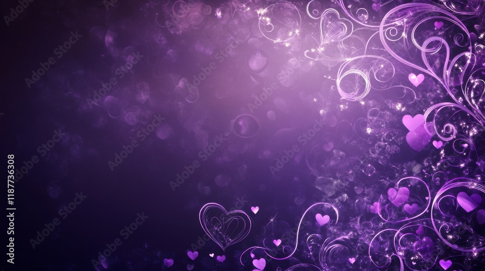 A deep violet background covered in glittering swirls and flourishes of purple and silver. Subtle heart patterns shimmer within the design. A deep violet background covered in glittering swirls and flourishes of purple and silver. Subtle heart patterns shimmer within the design.