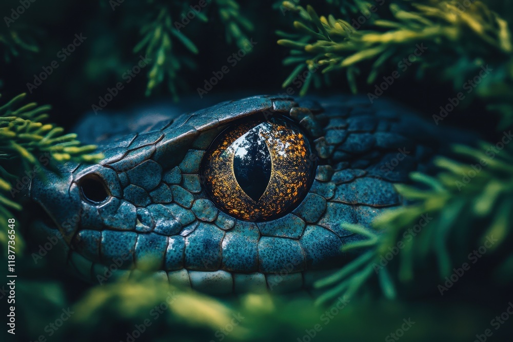 Fototapeta premium Close-up of a snake's eye, scales detailed. Illustrates danger, mystery, wildlife, nature.