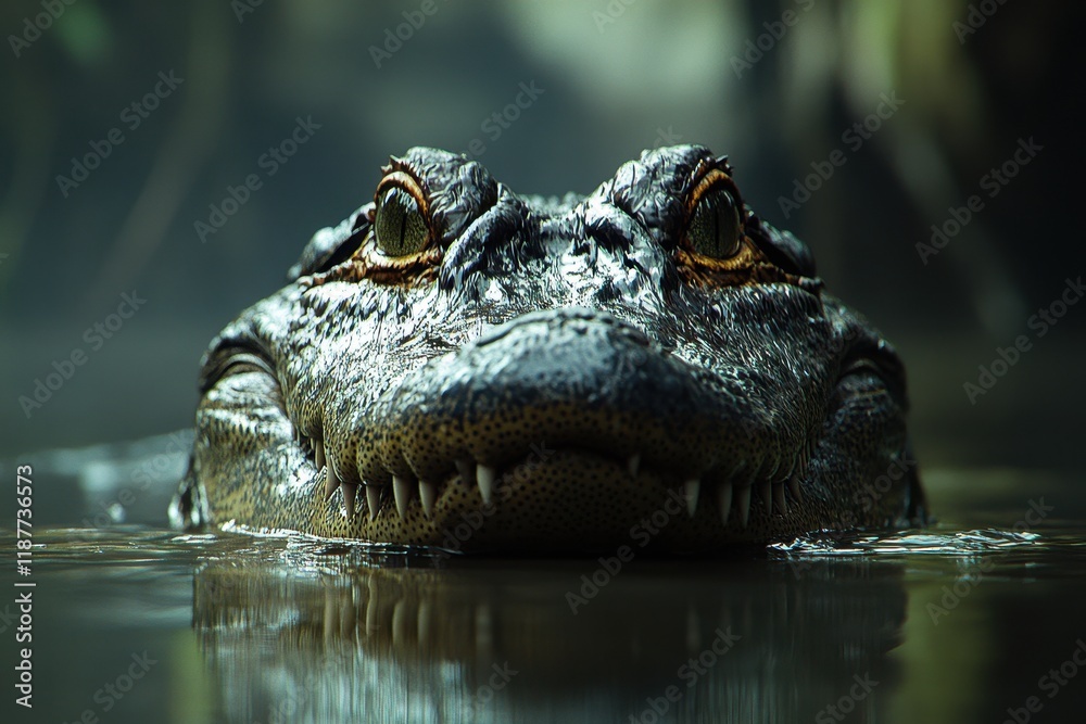 Close-up of alligator's head in water; sharp teeth and eyes visible. Perfect for wildlife documentaries, nature articles, or thriller projects. Close-up of alligator's head in water; sharp teeth and eyes visible. Perfect for wildlife documentaries, nature articles, or thriller projects.