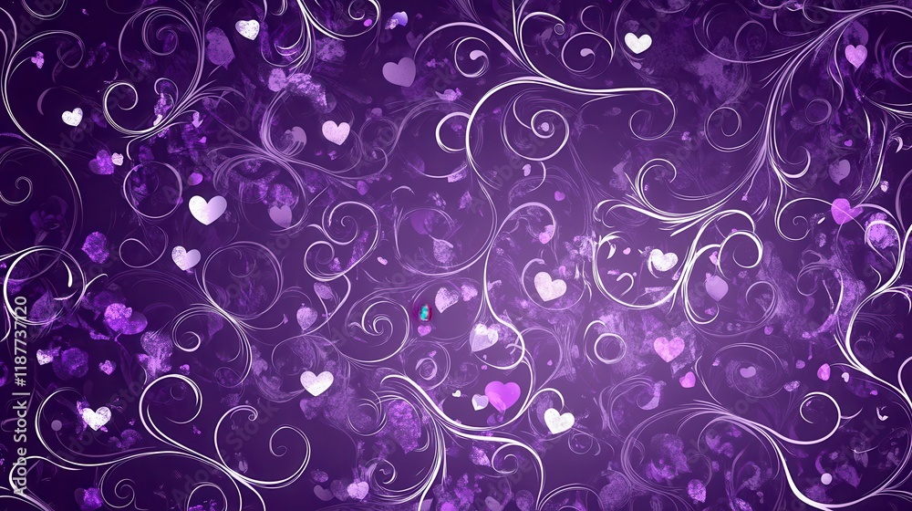 A deep violet background covered in glittering swirls and flourishes of purple and silver. Subtle heart patterns shimmer within the design. A deep violet background covered in glittering swirls and flourishes of purple and silver. Subtle heart patterns shimmer within the design.