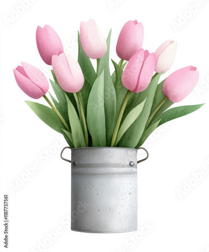 Valentine theme concept, A bouquet of pink tulips in a rustic metal bucket, showcasing vibrant blooms and green leaves, perfect for spring decor.