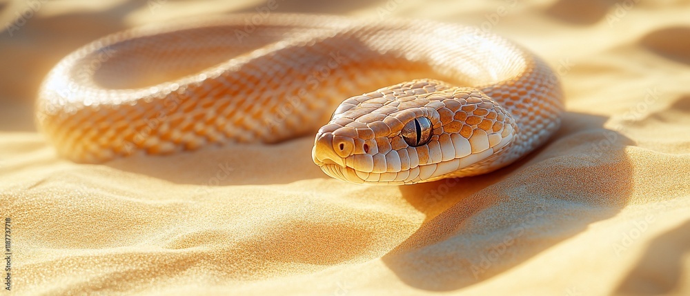 Fototapeta premium Desert snake coiled in sand, sunlight