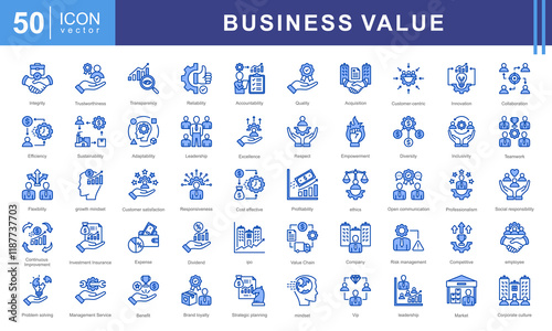 Business Value theme icon set visually represents the core principles of creating, delivering, and measuring value in a business context. Designed with a sleek and professional aesthetic.