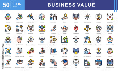 Business Value theme icon set visually represents the core principles of creating, delivering, and measuring value in a business context. Designed with a sleek and professional aesthetic.