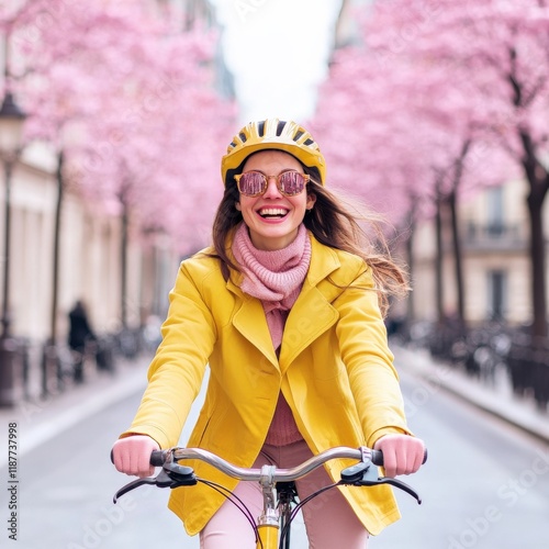 Young woman in bright yellow jacket and helmet riding bicycle on street lined with pink cherry blossom trees, enjoying sunny spring day outdoors in vibrant urban setting.
