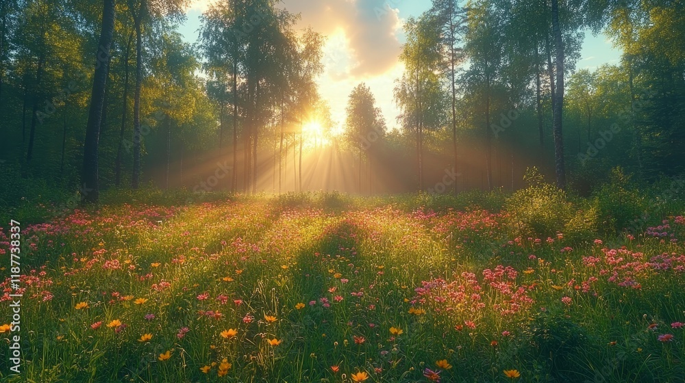 Obraz premium Serene sunrise over vibrant wildflower meadow in forest clearing