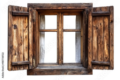 Rustic wooden window with open shutters  isolated on white.  3 
