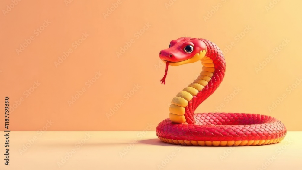 Fototapeta premium A vibrant animated snake stands upright with a joyful expression. Its scales are a mix of red and yellow, and it appears to be playfully extending its tongue. Copy space