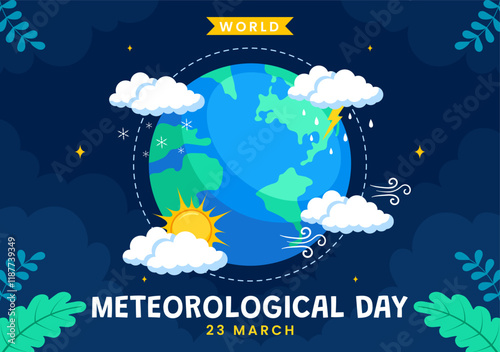 World Meteorological Day Vector Illustration on 23 March, Featuring Earth Map, Meteorology Science, and Weather Research in a Flat Style Background