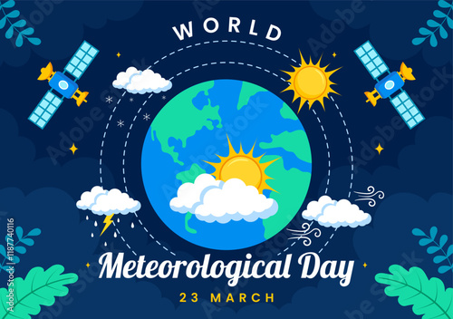 World Meteorological Day Vector Illustration on 23 March, Featuring Earth Map, Meteorology Science, and Weather Research in a Flat Style Background