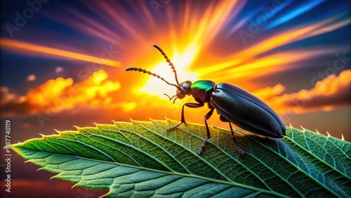 Captivating Silhouette of Lilioceris lilii Against a Vibrant Sunset Background - Nature, Insect Photography, Macro, Garden, Flora, Entomology,  photo