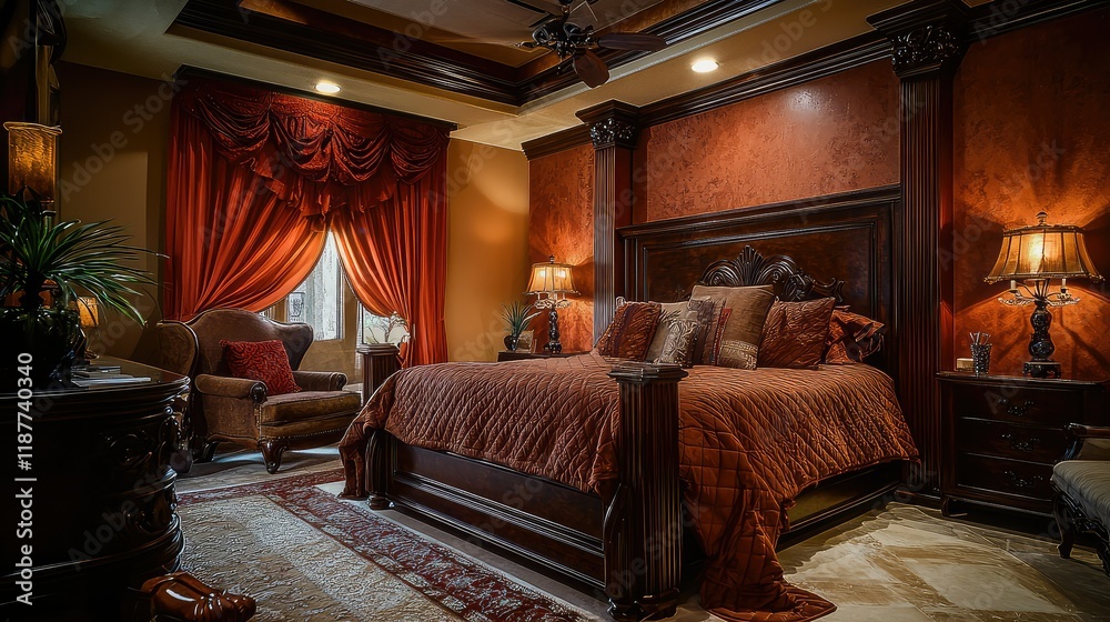 Fototapeta premium Elegant Master Bedroom Interior with Red Decor and Luxurious Fabrics