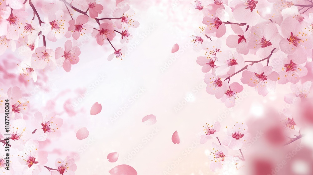 Pink cherry blossoms falling, spring background, soft light, floral design Pink cherry blossoms falling, spring background, soft light, floral design