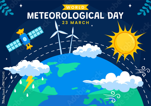 World Meteorological Day Vector Illustration on 23 March, Featuring Earth Map, Meteorology Science, and Weather Research in a Flat Style Background