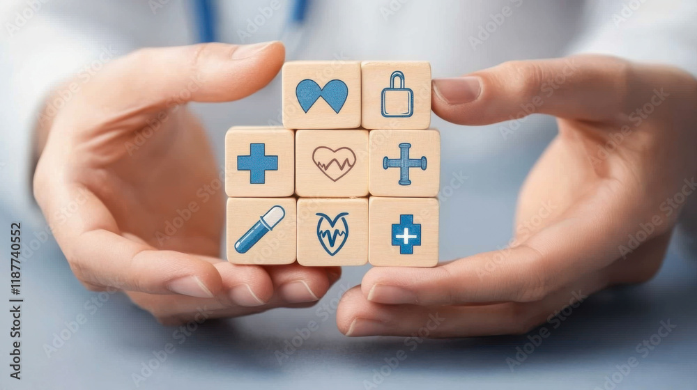 Male doctor lining up medical wooden blocks