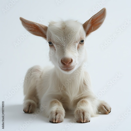 Cute baby goat, studio shot, white background, farm animal photo