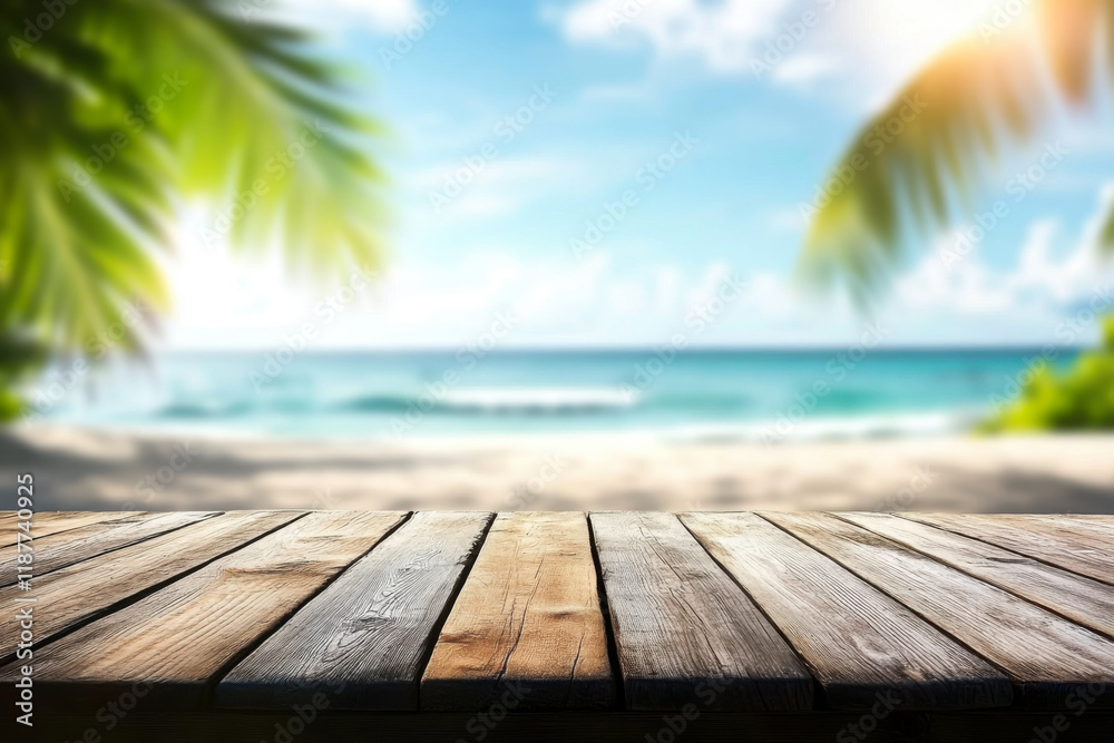 Wooden boards with blurred sea background and coconut palm leaves Wooden boards with blurred sea background and coconut palm leaves