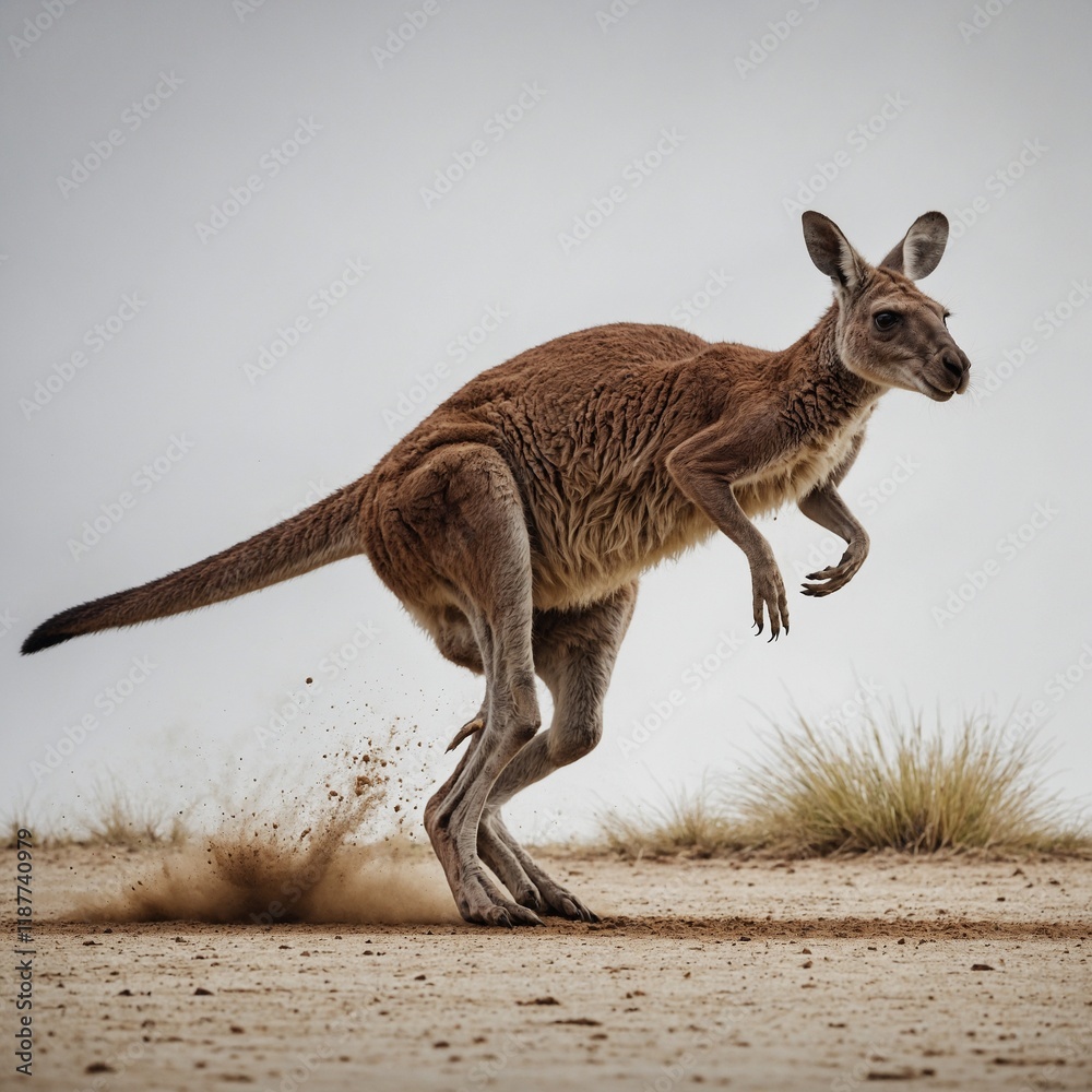A kangaroo sprinting fast, with all four legs in the air, against a white backdrop. A kangaroo sprinting fast, with all four legs in the air, against a white backdrop.