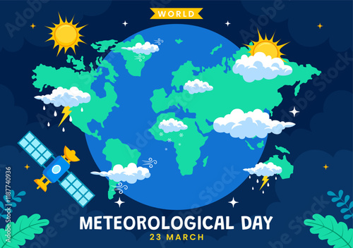 World Meteorological Day Vector Illustration on 23 March, Featuring Earth Map, Meteorology Science, and Weather Research in a Flat Style Background
