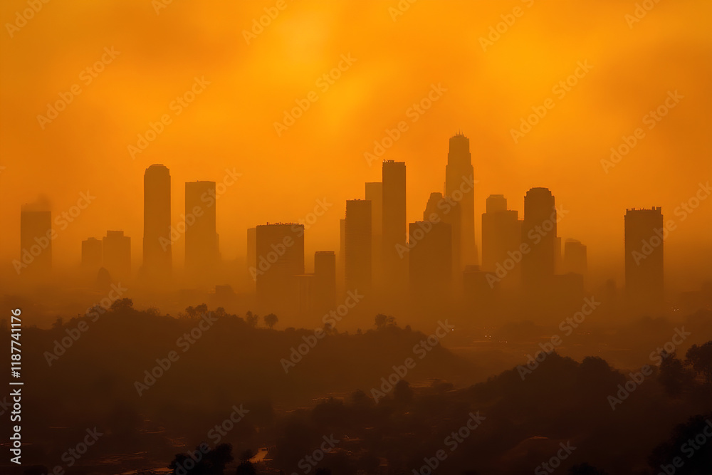 Fototapeta premium Urban Skyline Obscured by Wildfire Smoke