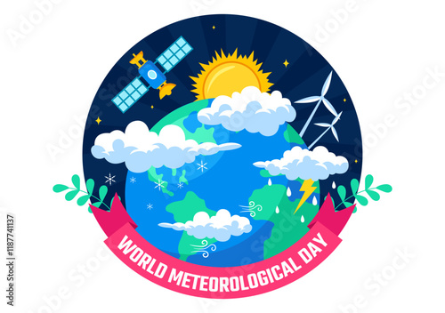 World Meteorological Day Vector Illustration on 23 March, Featuring Earth Map, Meteorology Science, and Weather Research in a Flat Style Background