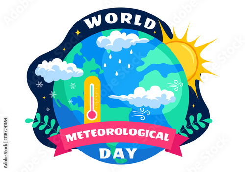 World Meteorological Day Vector Illustration on 23 March, Featuring Earth Map, Meteorology Science, and Weather Research in a Flat Style Background