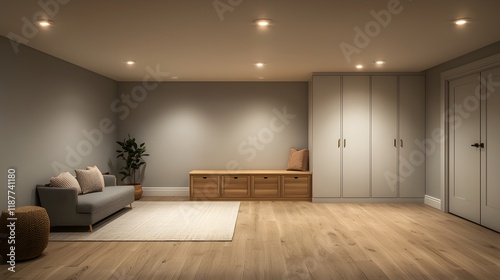 Modern Renovated Basement Design Featuring Neutral Tones and Minimalist Aesthetic for Contemporary Interiors