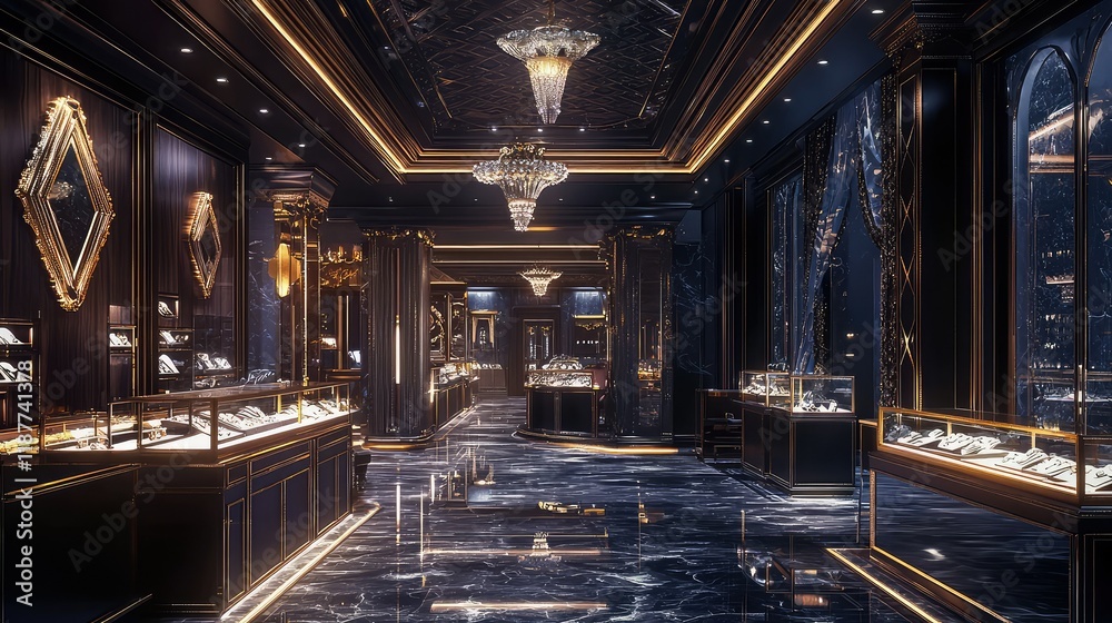 Elegant Jewelry Store Interior with Bright Lights and Glossy Finish Elegant Jewelry Store Interior with Bright Lights and Glossy Finish