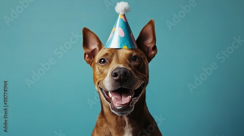 Playful dog wearing party hat celebrating festive occasion indoors photo
