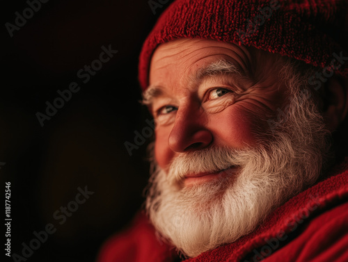 Warm Smiling Elderly Man in Red Hat with White Beard at Christmas