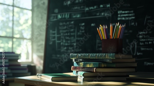 Stack of books and pencils on school table with blackboard background in classroom photo