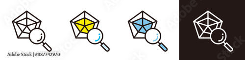 分析や情報に関するアイコン。五角形グラフに虫眼鏡があるイラスト。