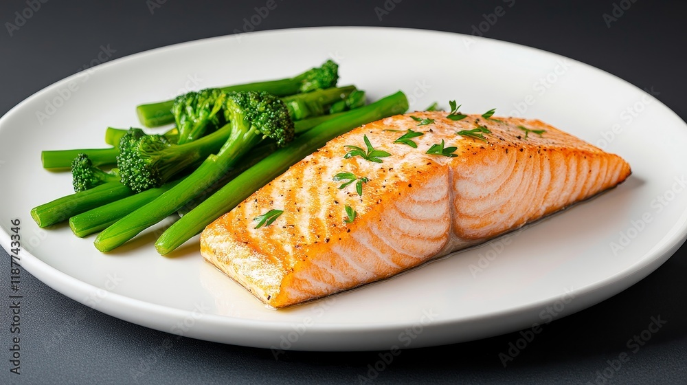 Grilled salmon fillet with fresh broccoli on white plate Grilled salmon fillet with fresh broccoli on white plate