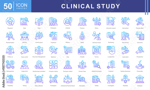 Clinical study icon collection set. Containing adverse event, baseline, double blind, blinding, case report form, endpoint, clinical trial icon.