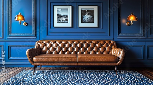 adorned in a conventional style. A leather couch, a blue wall, and a ligh 