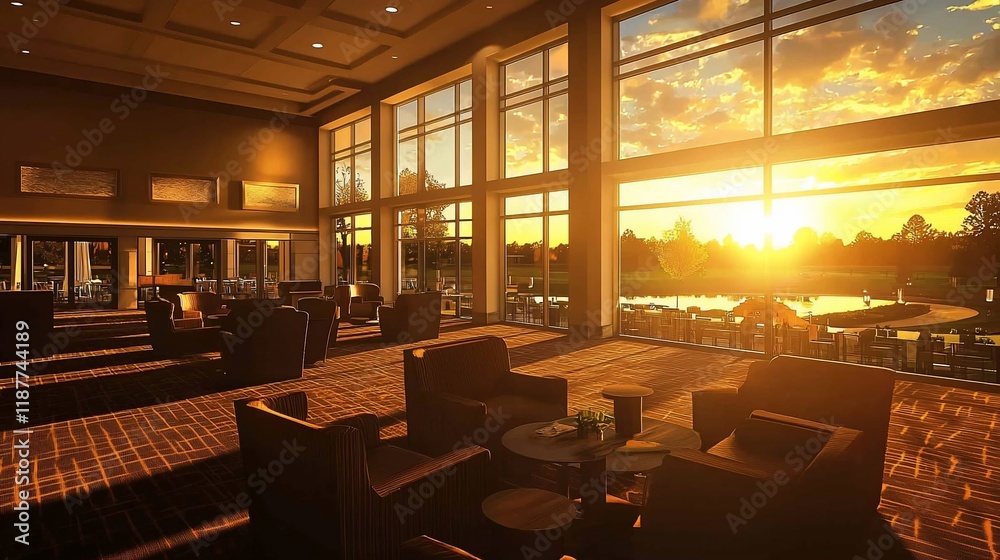 Fototapeta premium Luxurious lobby with sunset view.