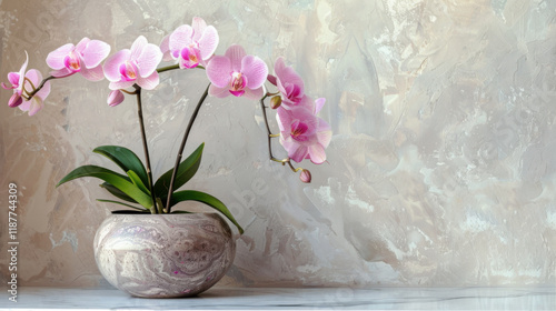 Artificial orchid plant in flower pot on white marble table. Space for text
